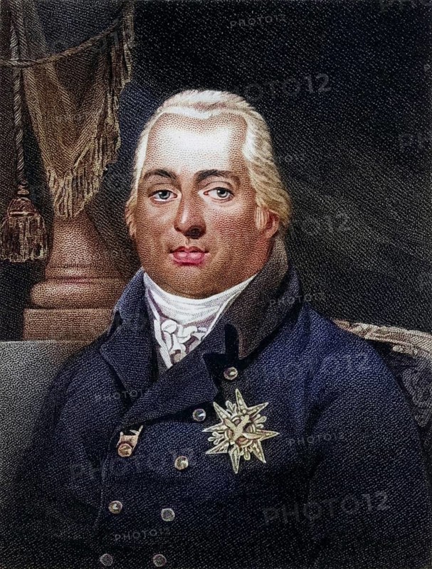 Louis XVIII (Stanislaw Xavier 1755-1824), younger brother of Louis XVI, proclaimed himself King of France in 1795. In exile from 1791 until the fall of Napoleon in April 1814. Dot engraving from History of the wars caused by the French Revolution ... by CH Gifford (London, 1817) ., Historical, digitally restored reproduction from a 19th century original, Record date not stated