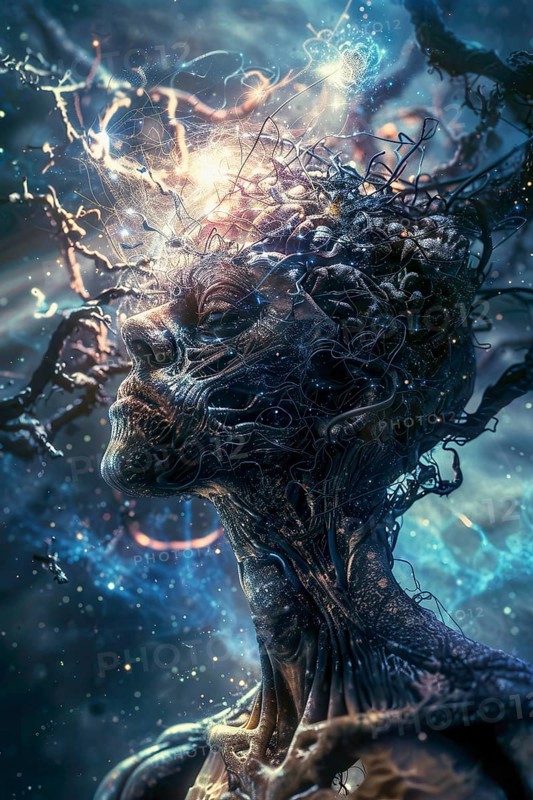 Cosmic Mind made of darkness and light looking as humanoid and showing a Brain Activity Network, AI generated