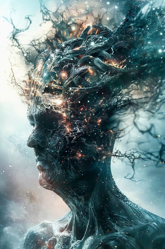 Cosmic Mind made of darkness and light looking as humanoid and showing a Brain Activity Network, AI generated
