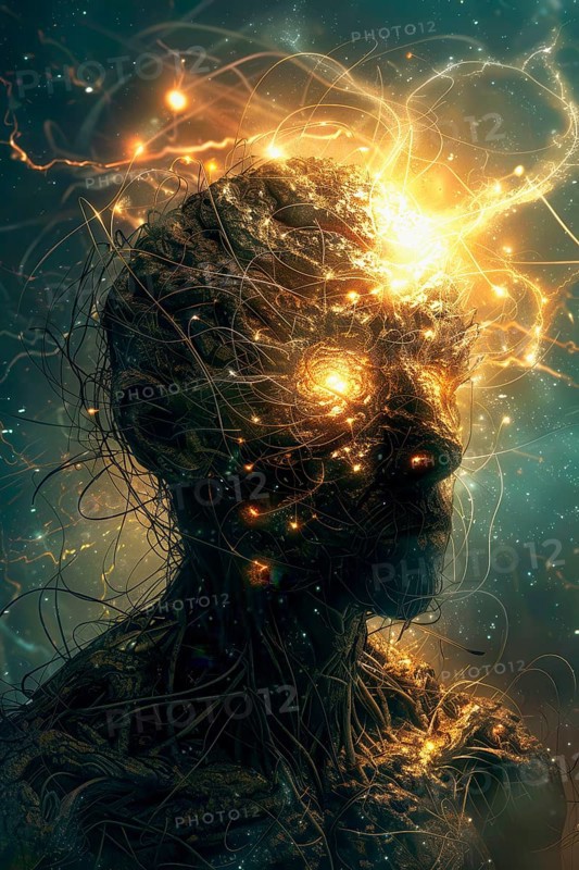 Cosmic Mind made of darkness and light looking as humanoid and showing a Brain Activity Network, AI generated