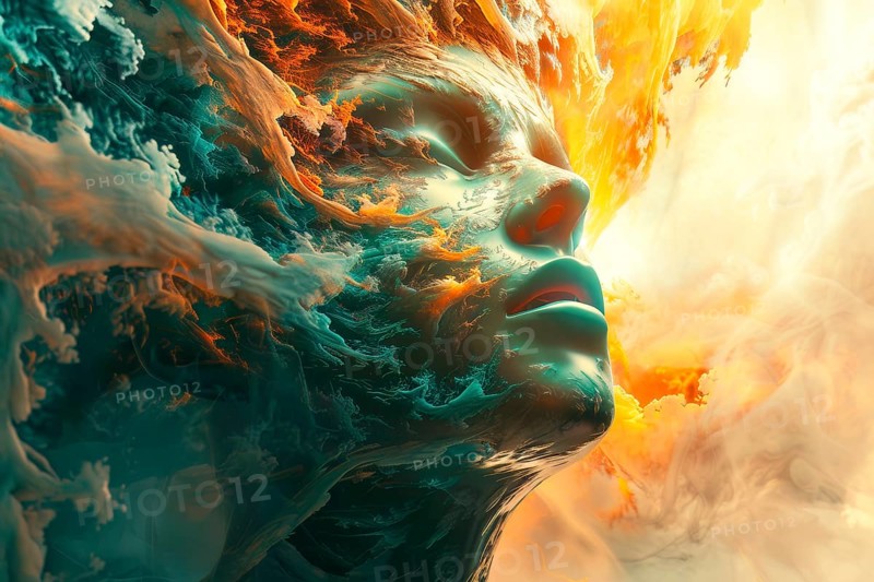 Ethereal surrealistic representation of a young woman's head, AI generated