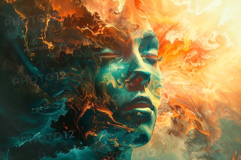 Ethereal surrealistic representation of a young woman's head, AI generated