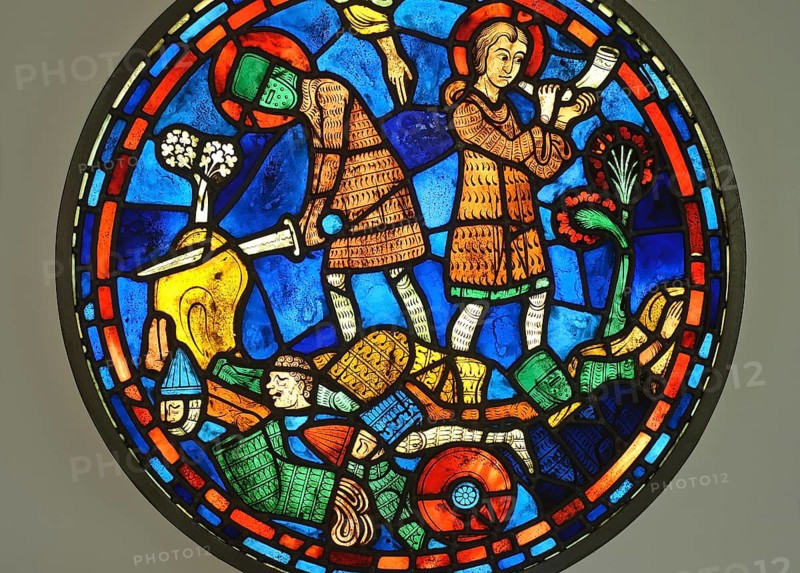 Replica of a stained glass depicting the life of Charlemagne in the Chartres cathedral (Stained glass museum at Curzay/Vonne, France), Stained glass dating from the beginning of the 13rd century