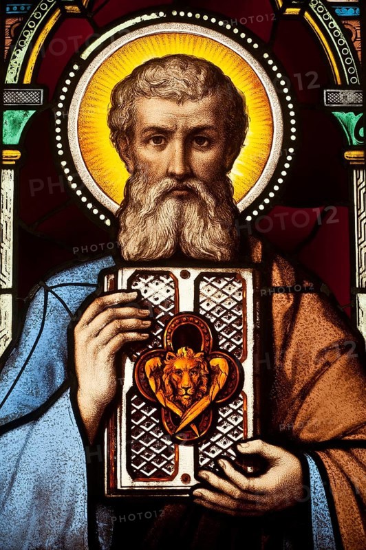 Stained glass representing Saint Mark the Evangelist (Stained glass museum at Curzay/Vonne, France) . Stained glass dating from the 19th century