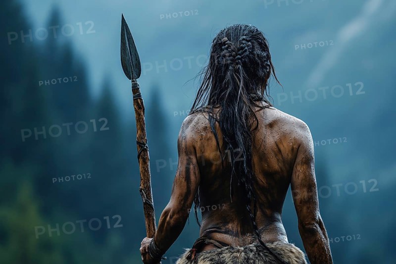 Back view of prehistoric woman with spear on hunt. Generative Ai, AI generated
