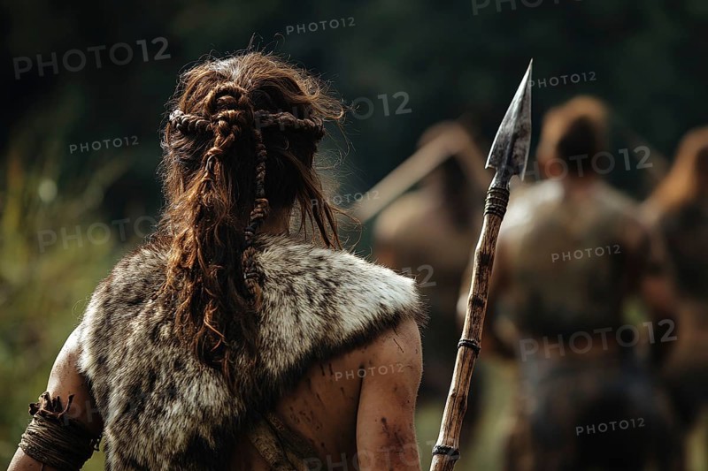 Prehistoric woman with fur and spear on hunt. Generative Ai, AI generated