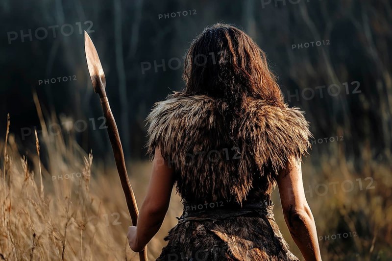 Back view of prehistoric woman with fur and spear on hunt. Generative Ai, AI generated