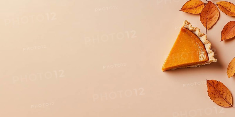 Banner with single slice of pumpkin pie with autumn leaves on beige background with copy space. Generative Ai, AI generated