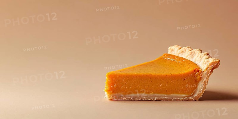 Banner with single slice of pumpkin pie on beige background with copy space. Generative Ai, AI generated