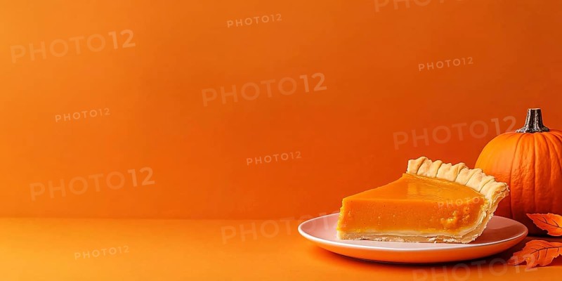 Banner with slice of pumpkin pie and large pumpkin on orange background with copy space. Generative Ai, AI generated