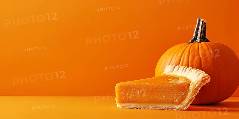 Banner with slice of pumpkin pie and large pumpkin on orange background with copy space. Generative Ai, AI generated