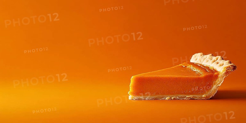 Banner with slice of pumpkin pie on orange background with copy space. Generative Ai, AI generated