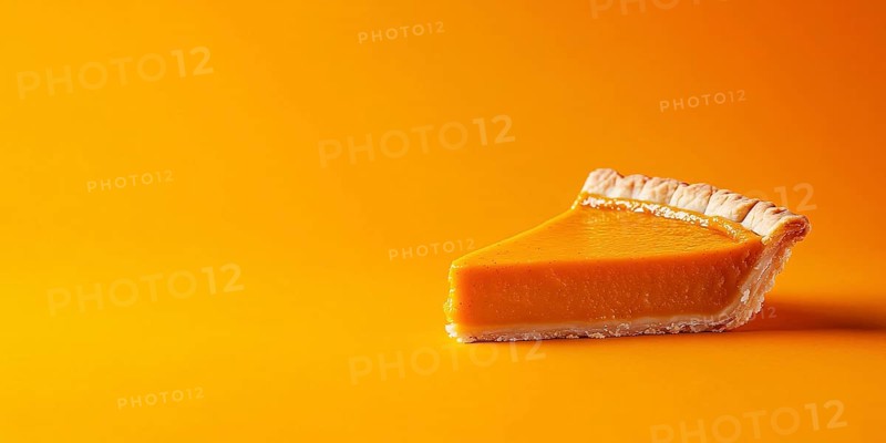 Banner with single slice of pumpkin pie on orange background with copy space. Generative Ai, AI generated
