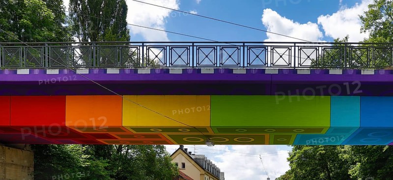 Lego bridge 2.0, designed by the street artist Martin Heuwold, Wuppertal, Bergisches Land, North Rhine-Westphalia, Germany, Europe