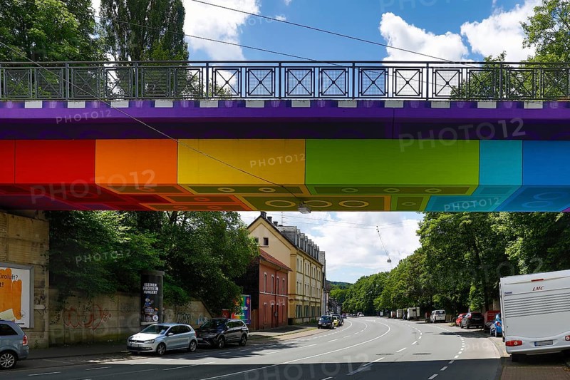 Lego bridge 2.0, designed by the street artist Martin Heuwold, Wuppertal, Bergisches Land, North Rhine-Westphalia, Germany, Europe