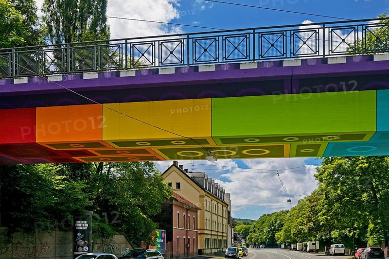 Lego bridge 2.0, designed by the street artist Martin Heuwold, Wuppertal, Bergisches Land, North Rhine-Westphalia, Germany, Europe