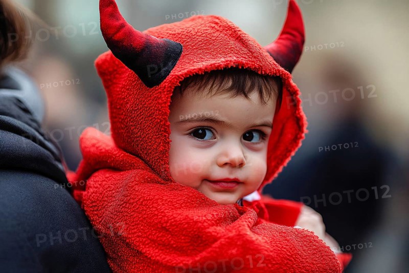 Boy child with red Halloween devil costume hoodie with horns. Generative Ai, AI generated