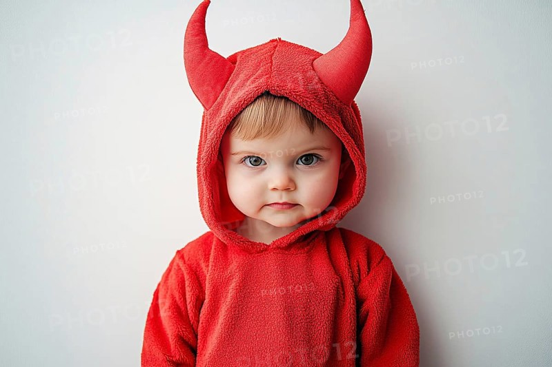 Boy child wearing red Halloween devil costume hoodie with horns in front of white background. Generative Ai, AI generated