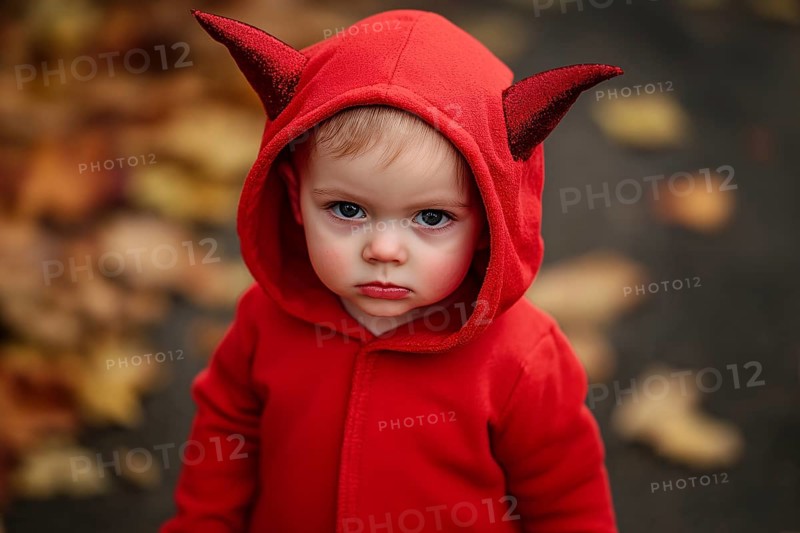 Sulking boy child wearing red Halloween devil costume hoodie with horns, Generative Ai, AI generated