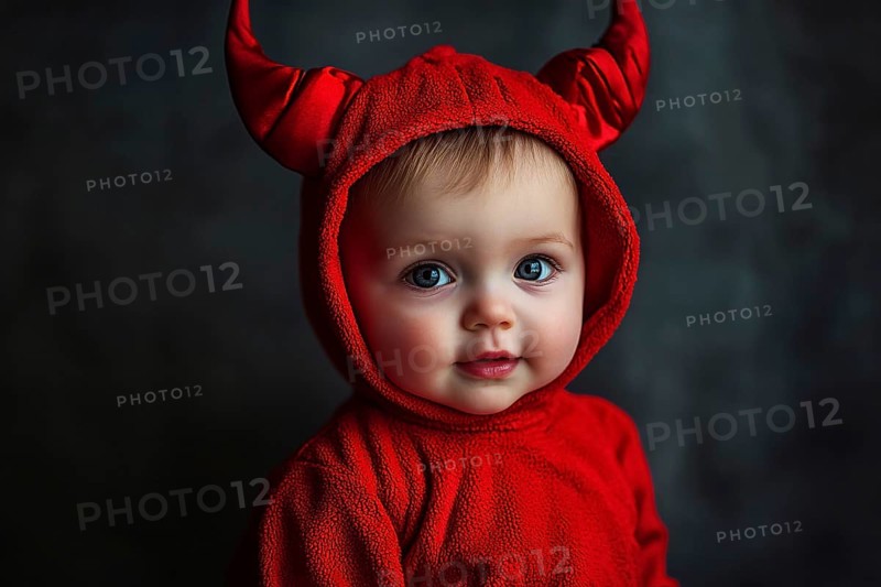 Cute baby wearing red Halloween devil costume hoodie with horns. Generative Ai, AI generated