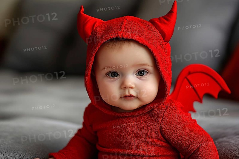 Cute baby wearing red Halloween devil costume hoodie with horns and wings. Generative Ai, AI generated