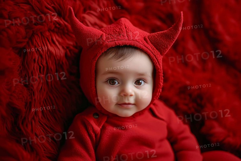Cute baby wearing red Halloween devil costume hoodie with horns. Generative Ai, AI generated