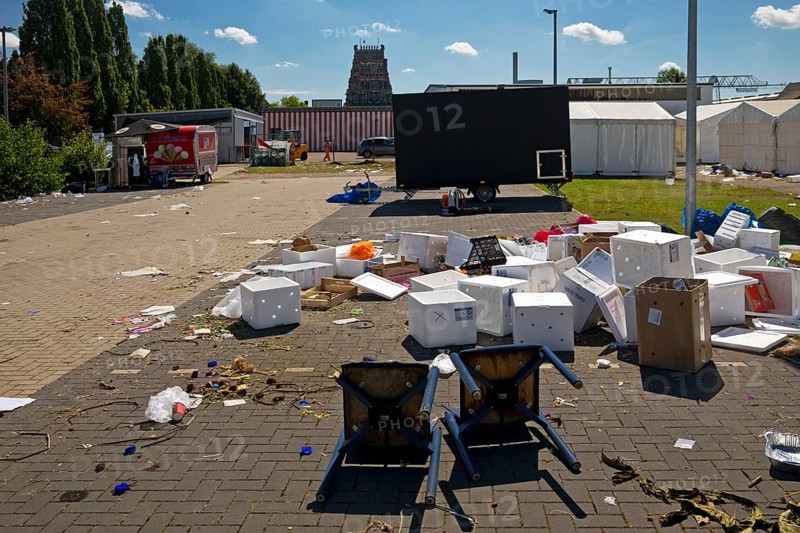Rubbish after the temple festival on the square at the Hindu temple Sri Kamadchi Ampal, Hamm, Ruhr area, North Rhine-Westphalia, Germany, Europe