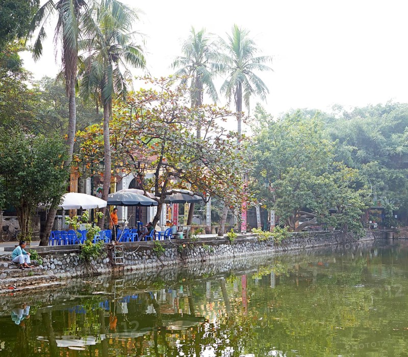 Restaurant at the panoramic lake of the Buddhist Thay Temple or Chua Thay or Master Temple, Sai Son Village, Hanoi Province, Vietnam, Asia