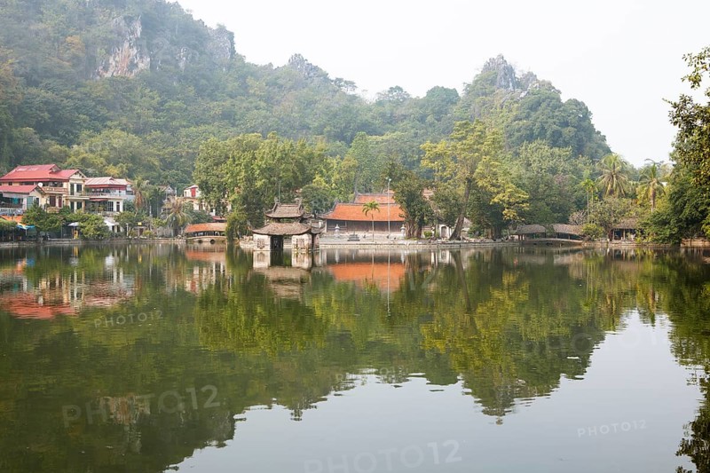 Buddhist Thay Temple or Chua Thay or Master Temple at Panorama Lake, behind Sai SÆ¡n Mountain, Sai Son Village, Hanoi Province, Vietnam, Asia