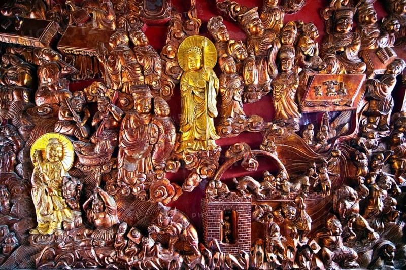 Wall relief in the Buddhist Thay Temple or Chua Thay or Master Temple, Sai Son Village, Hanoi Province, Vietnam, Asia