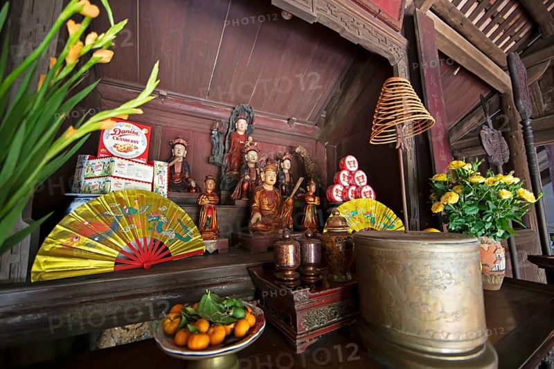 Altar in the Buddhist Thay Temple or Chua Thay or Master Temple, Sai Son Village, Hanoi Province, Vietnam, Asia