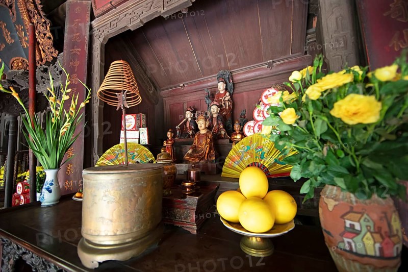 Altar in the Buddhist Thay Temple or Chua Thay or Master Temple, Sai Son Village, Hanoi Province, Vietnam, Asia