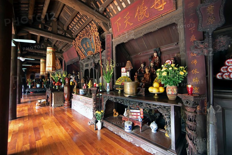 Altars in the Buddhist Thay Temple or Chua Thay or Master Temple, Sai Son Village, Hanoi Province, Vietnam, Asia
