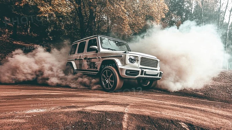 A white SUV drifting on a dirt road with plumes of smoke in a forest during autumn, AI generated