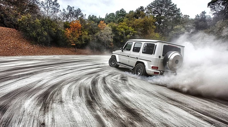 A white SUV drifting on a road surrounded by autumn trees, creating plumes of white smoke, AI generated
