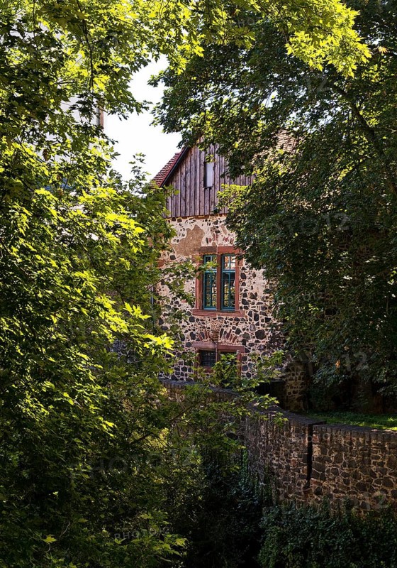 View through trees to the Schlosscafè, Höchster Schloss or Altes Schloss Höchst, Frankfurt-Höchst, Frankfurt am Main, Hesse, Germany, Europe