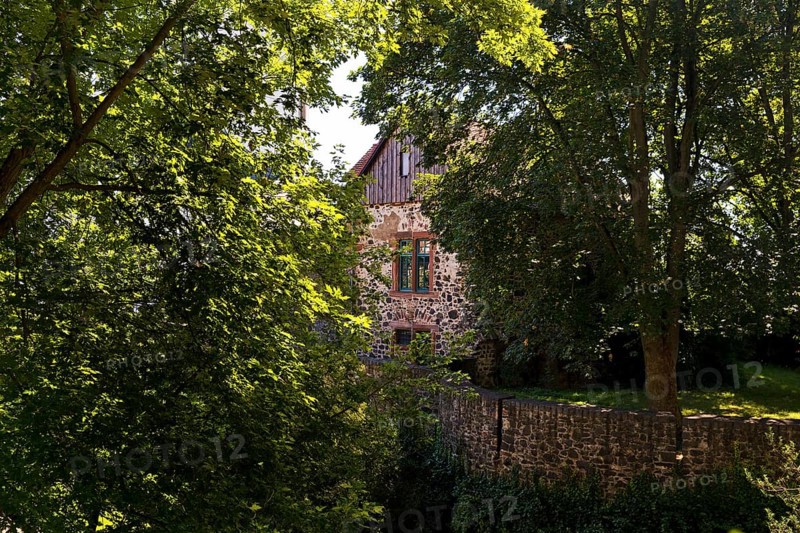 View through trees to the Schlosscafè, Höchster Schloss or Altes Schloss Höchst, Frankfurt-Höchst, Frankfurt am Main, Hesse, Germany, Europe