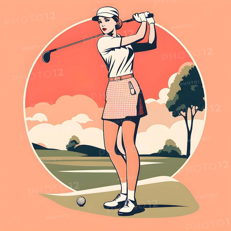 Female golf player in retro design line art style illustration, AI generated