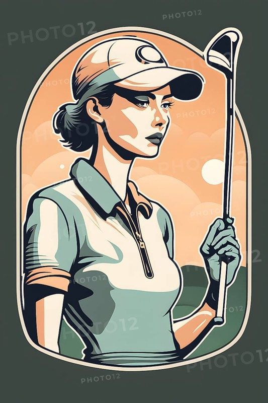 Female golf player in retro design line art style illustration, AI generated