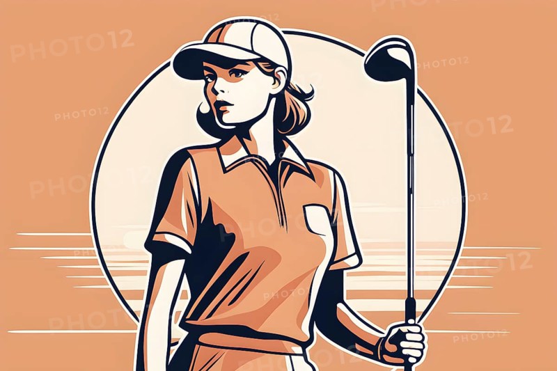 Female golf player in retro design line art style illustration, AI generated