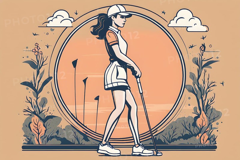 Female golf player in retro design line art style illustration, AI generated