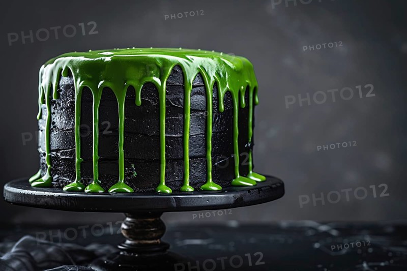 Black Halloween cake with bright neon green dripping frosting. Generative Ai, AI generated