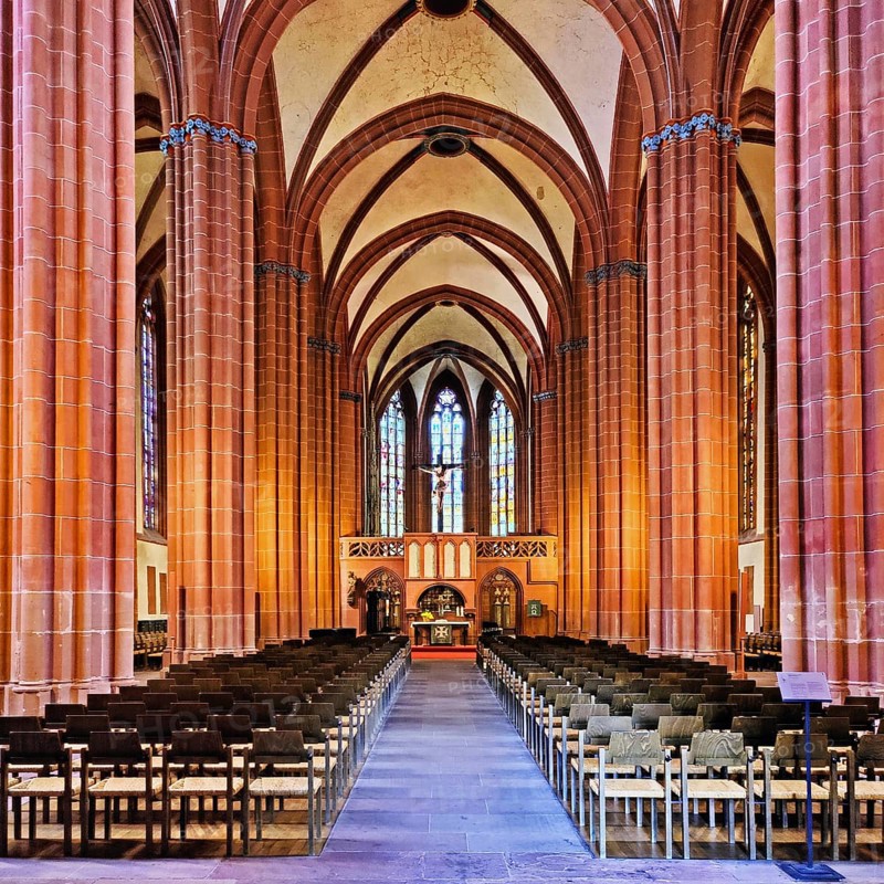Protestant Church of Our Lady, interior view of the altar and rood screen, Gothic hall church, Friedberg, Hesse, Germany, Europe