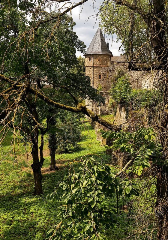 Friedberg Castle, southern castle fortifications with the deep moat, the so-called Hirschgraben, Friedberg, Hesse, Germany, Europe