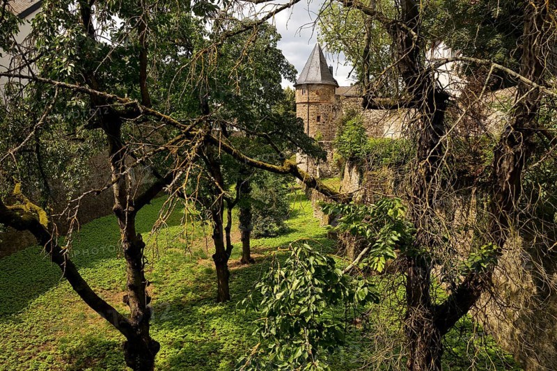 Friedberg Castle, southern castle fortifications with the deep moat, the so-called Hirschgraben, Friedberg, Hesse, Germany, Europe