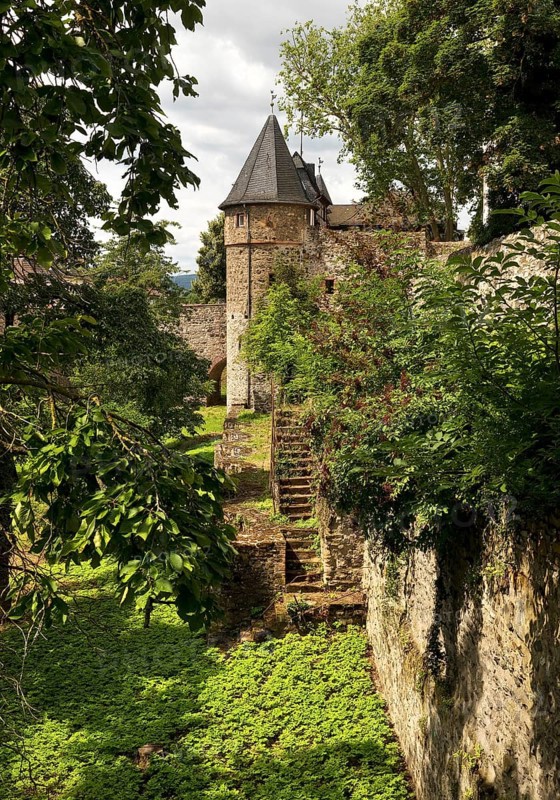 Friedberg Castle, southern castle fortifications with the deep moat, the so-called Hirschgraben, Friedberg, Hesse, Germany, Europe