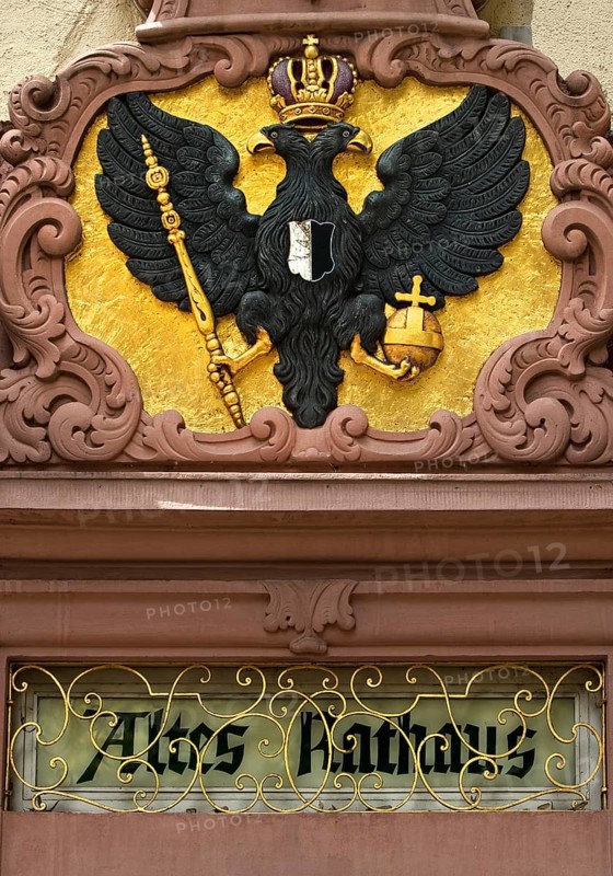 Portal crowned with the coat of arms of Friedberg by Johann Philipp Moerss, Old Town Hall, Friedberg, Wetterau, Hesse, Germany, Europe