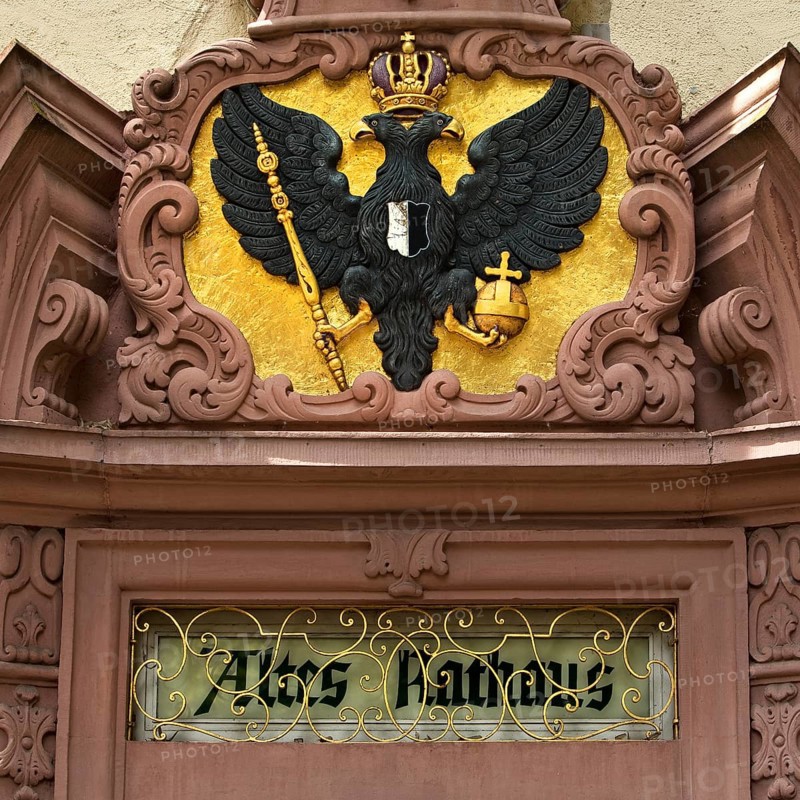 Portal crowned with the coat of arms of Friedberg by Johann Philipp Moerss, Old Town Hall, Friedberg, Wetterau, Hesse, Germany, Europe