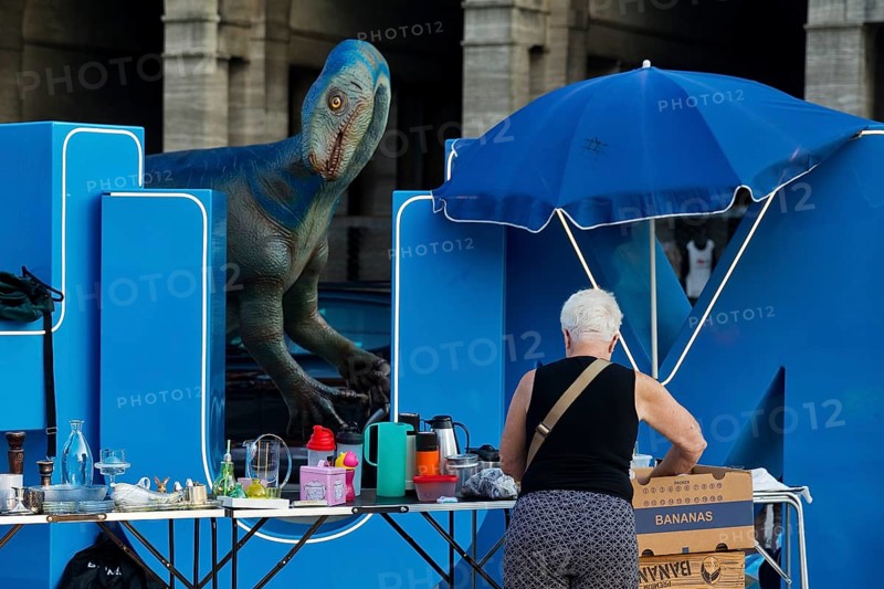 Plateosaurus model with flea market at the Bochum sign on the town hall square, Dino City III, Bochum, Ruhr area, North Rhine-Westphalia, Germany, Europe