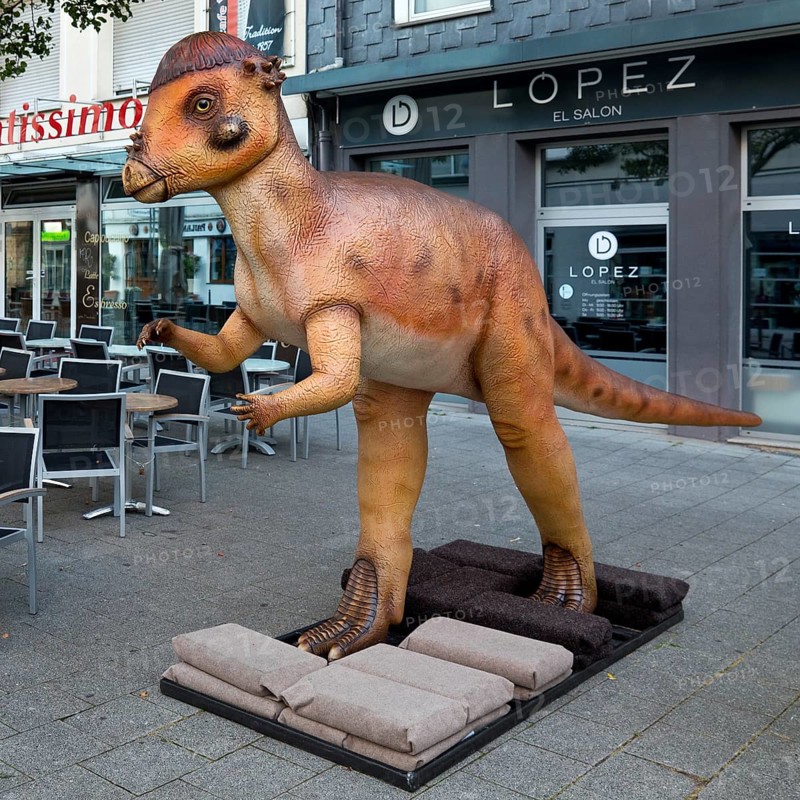 Pachycephalosaurus model, thick-skulled dinosaur in the Fussgaengerzone, Dino City III, Bochum, Ruhr area, North Rhine-Westphalia, Germany, Europe